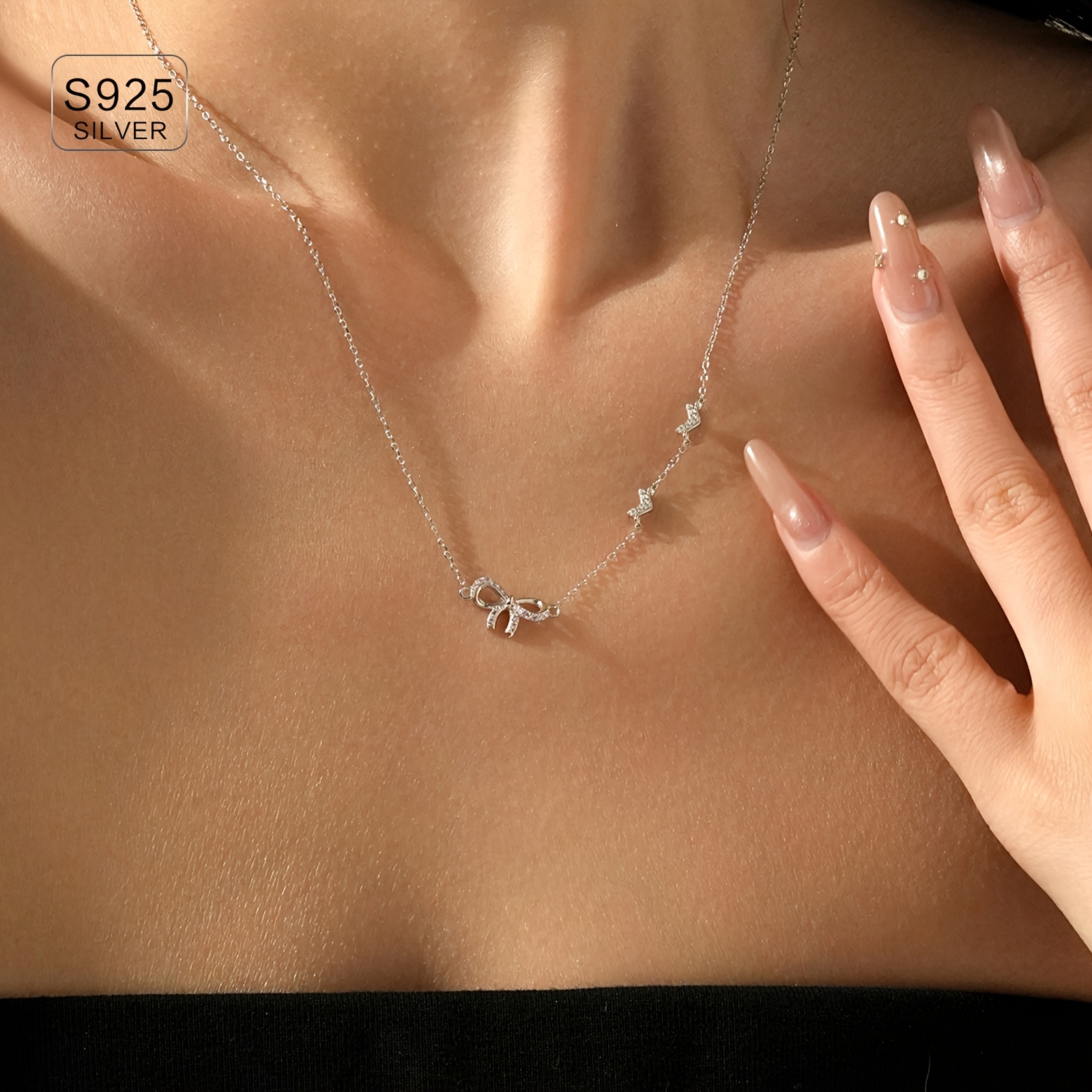 56g Zirconia Bowknot Necklace 925 Silver Heart Jewelry